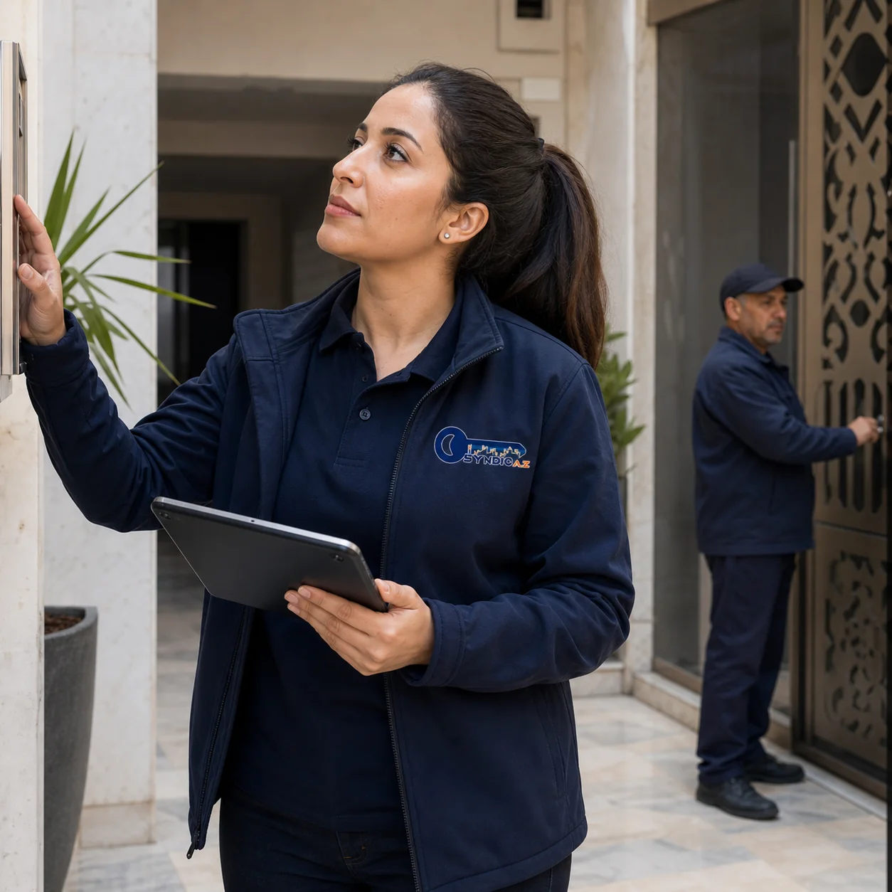 Coordinatrice Syndic AZ inspectant une résidence à Casablanca